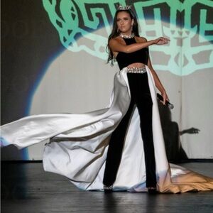 Jovani Black and White Velvet Formal Jumpsuit